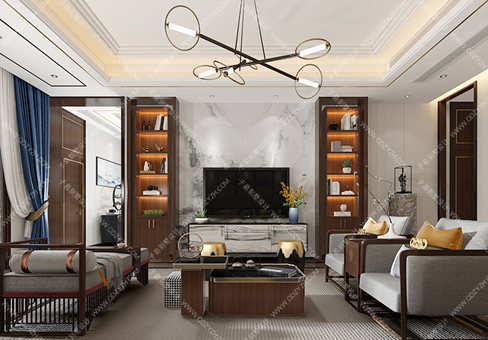 青島新中式裝修效果圖_上流樣板間裝修效果圖/報價